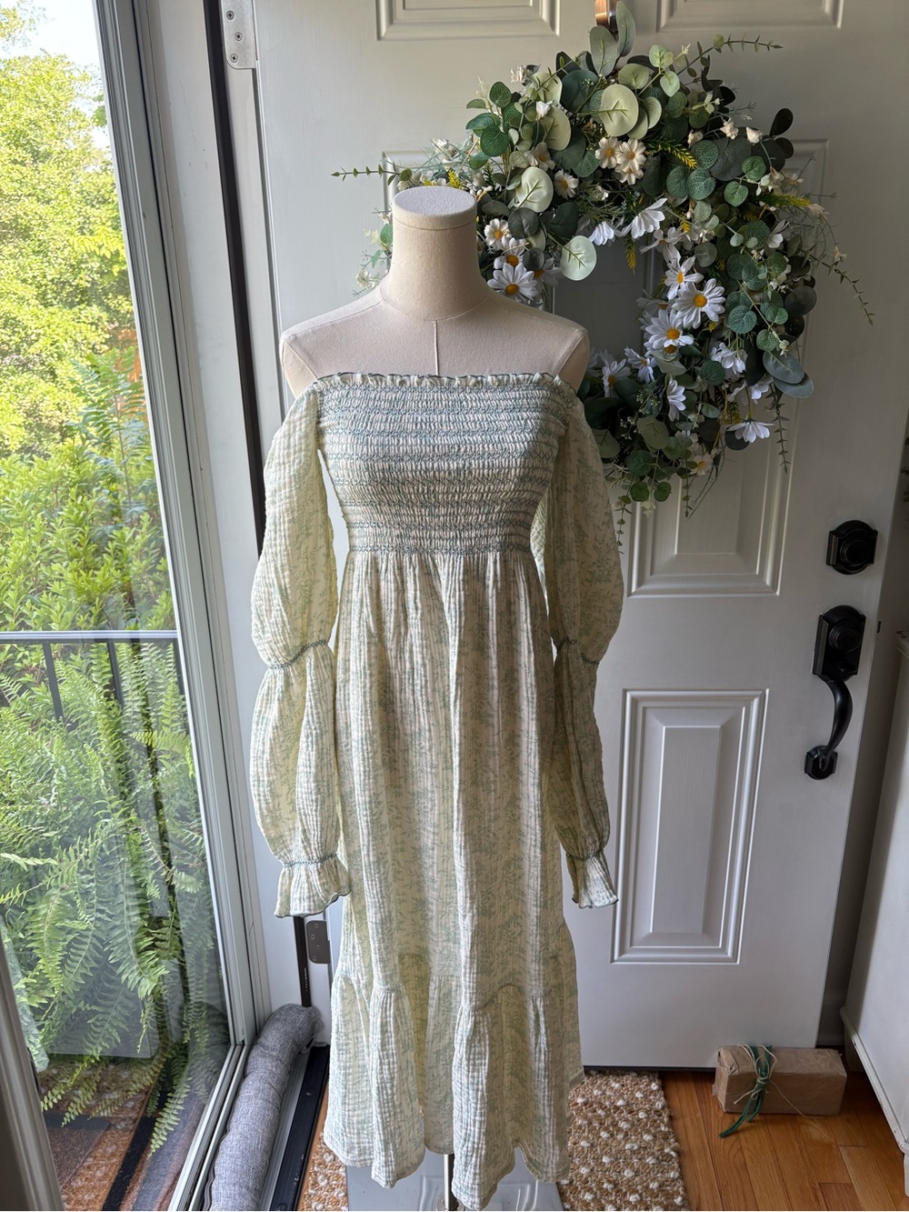 Nothing Fits But Smocked Off-Shoulder Midi Dress in Light Sage